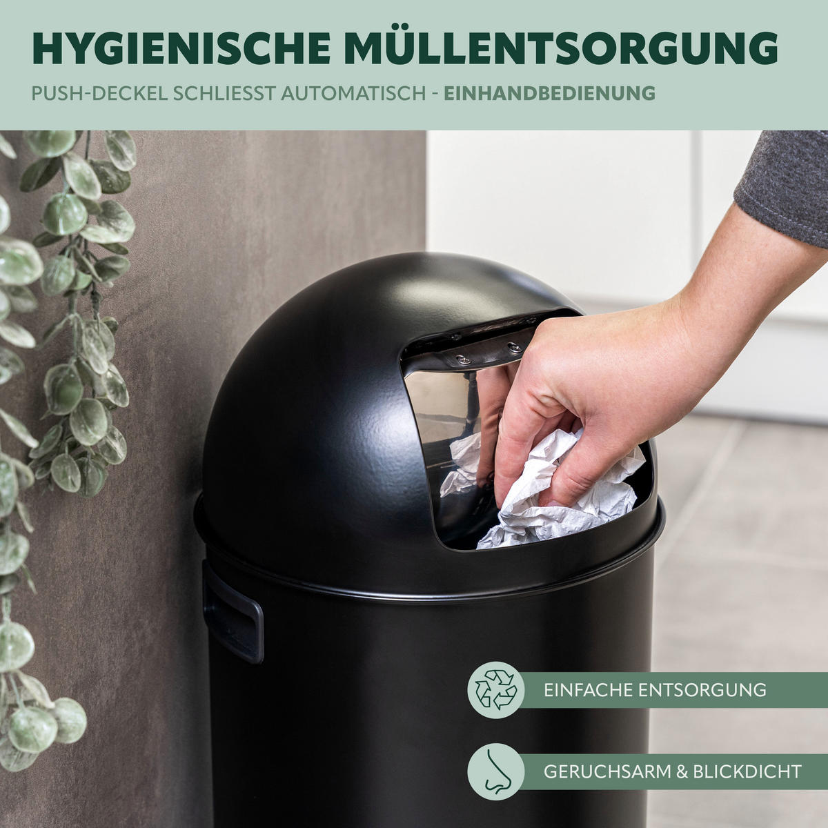 ABFALLEIMER Push-Deckel 35 L, schwarz - Schwarz, Metall (30.5/66.5/30.5cm) - eluno