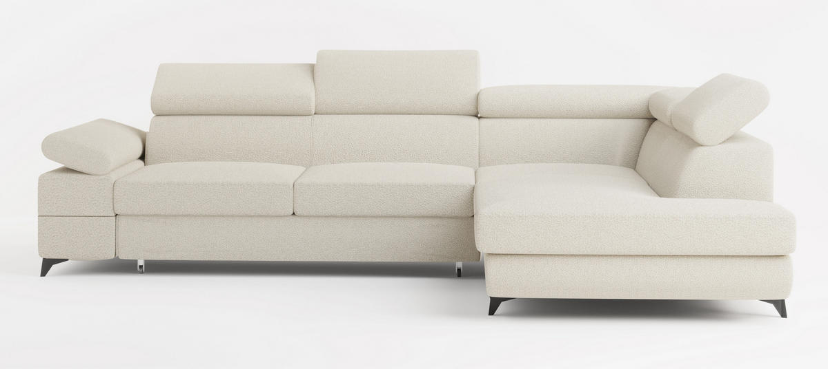 ECKSOFA FAVIEN R-S Creme Boucle-Stoff mit Schlaffunktion - Creme, Holz (257/190cm) - MASSENO