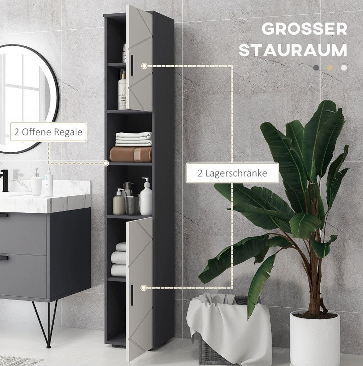 BADEZIMMERSCHRANK schmal 183 x 30 x 30 cm Dark Gray - Dunkelgrau, Holzwerkstoff (30/183/30cm) - Beauniv