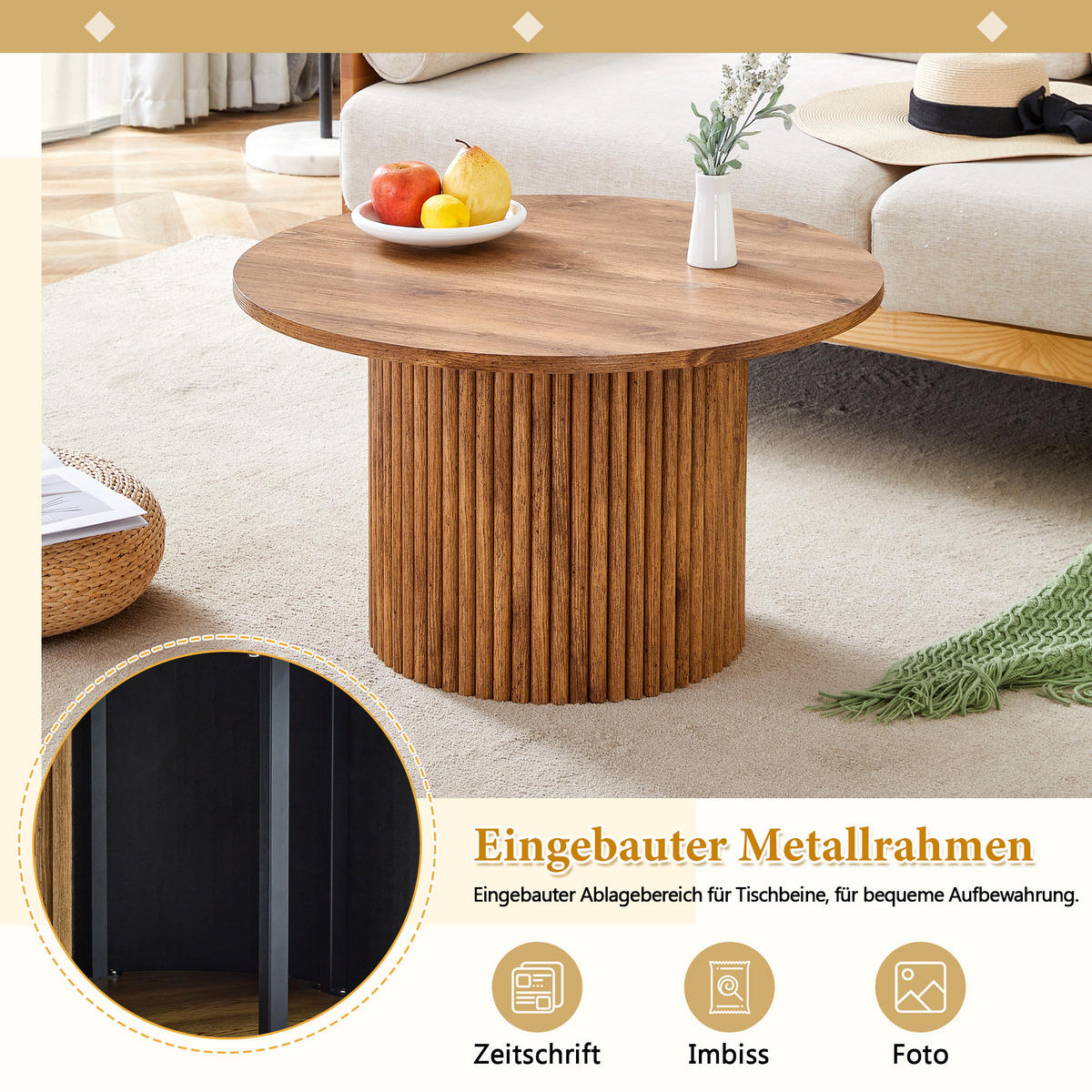COUCHTISCH 70/70/42 cm holzfarben aus MDF mit Metallrahmen - Kieferfarben, Holzwerkstoff (70/70/42cm) - OKWISH
