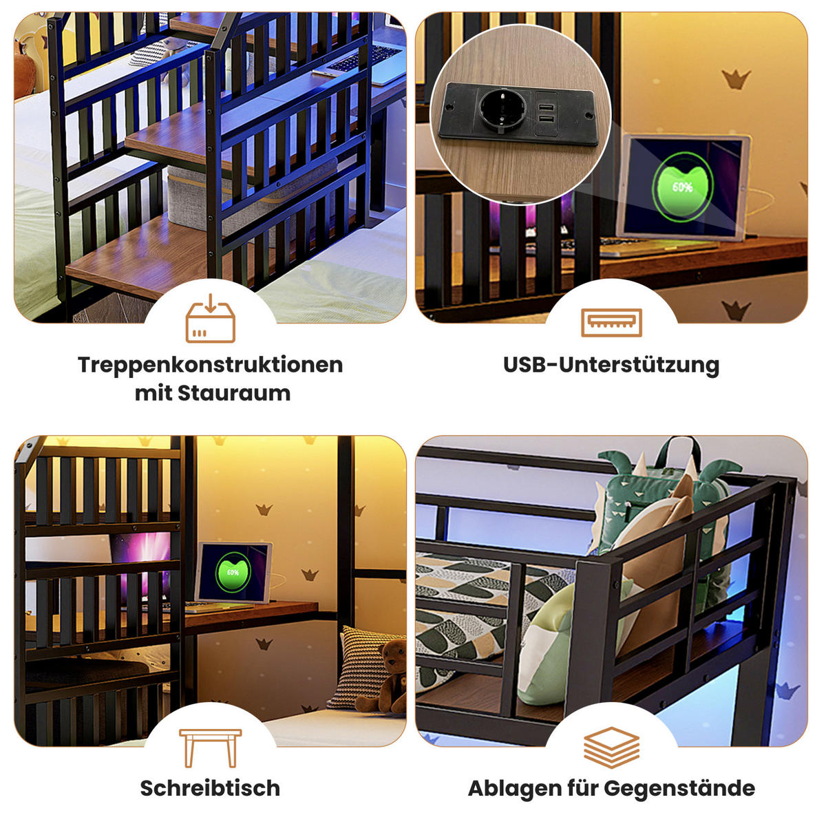 ETAGENBETT 90/200 cm mit LED-Beleuchtung, Schreibtisch, Stauraumtreppe, USB und Steckdose, Metall/MDF, Schwarz - Schwarz, Metall (90/200cm) - Redom