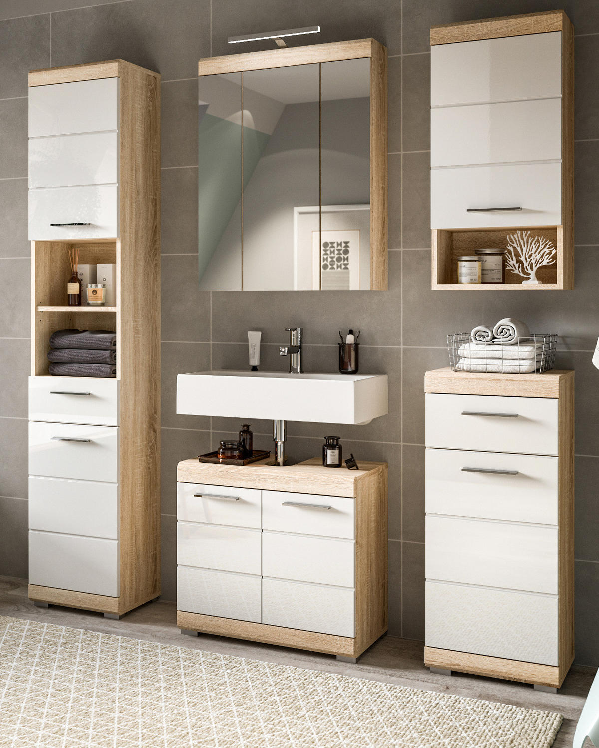 BADMÖBEL-SET 5-teilig weiß Hochglanz, Eiche 164 cm, viel Stauraum - Weiß Hochglanz/Eichefarben, Holzwerkstoff (164/191/34cm) - Inn.Furn