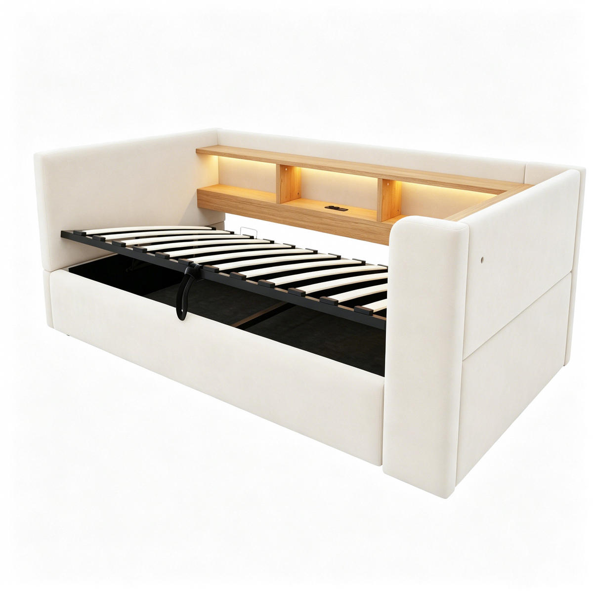STAURAUMBETT 90/190 cm mit Hydraulik-Stauraum und LED, DE-41685, in Beige - Beige, Metall (90/190cm) - ComfortXL