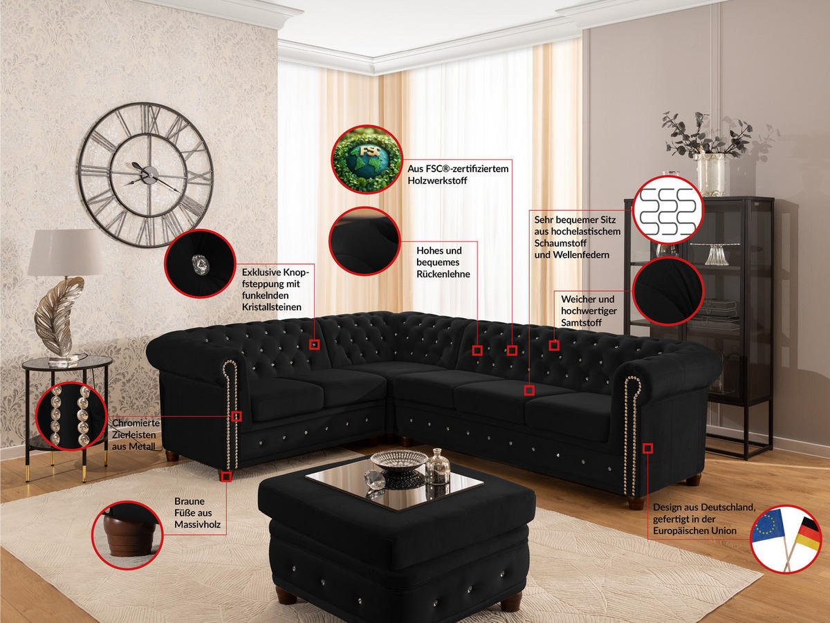 ECKSOFA Chesterfield Cleo Blink Schwarz Samt mit Kristallsteppung und braunen Massivholzfüßen - Ottomane Links - Schwarz/Braun, Holz/Textil (264/210cm) - S-Style Möbel