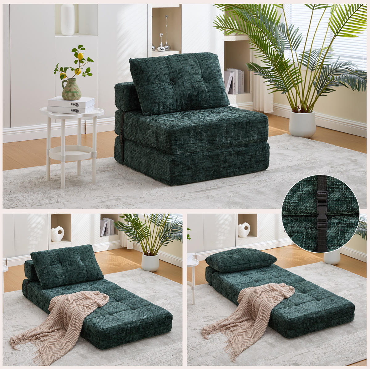 SCHLAFSESSEL klappbar 79x180 cm Chenille Emerald - Grün, Kunststoff (79/57/79cm) - Beauniv