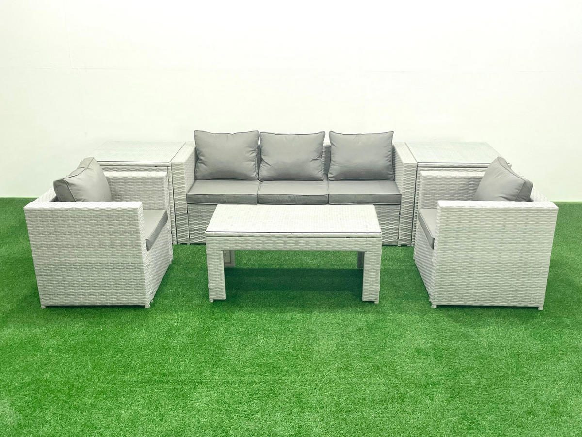 GARTENSET mit 3-SITZER SOFA,COUCHTISCH Polyrattan Hellgrau-Mix 5-Sitzer - Hellgrau/Grau, Glas/Kunststoff - Fimous