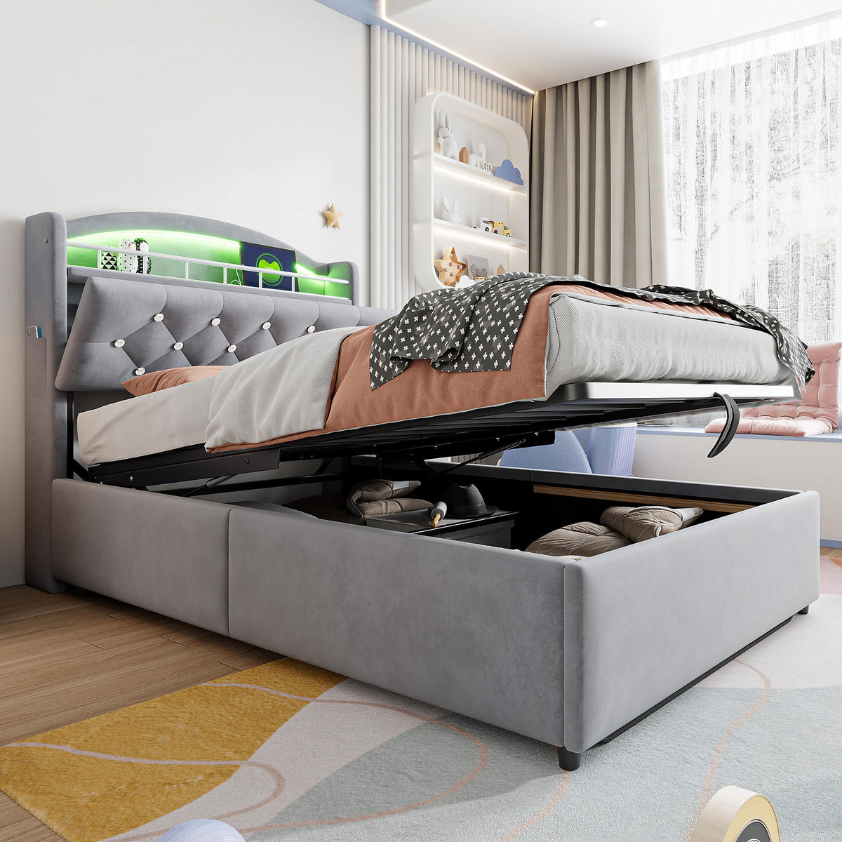 POLSTERBETT 90/200 cm grau mit Stauraum und LED-Beleuchtung - Grau, Textil (90/200cm) - OKWISH