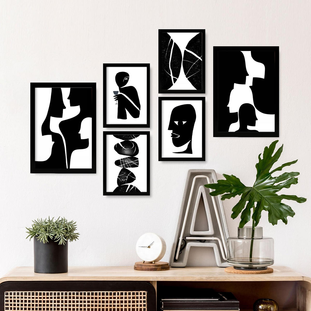 POSTER Set Mit 6 Atavistischer Kopf In Liebhaber Abstrakt Ästhetische Dekorative Gemälde Für Ihr Wohnzimmer Zuhause A3 & A4 Schwarzer Rahmen - Schwarz, Papier (29/3cm) - Nacnic