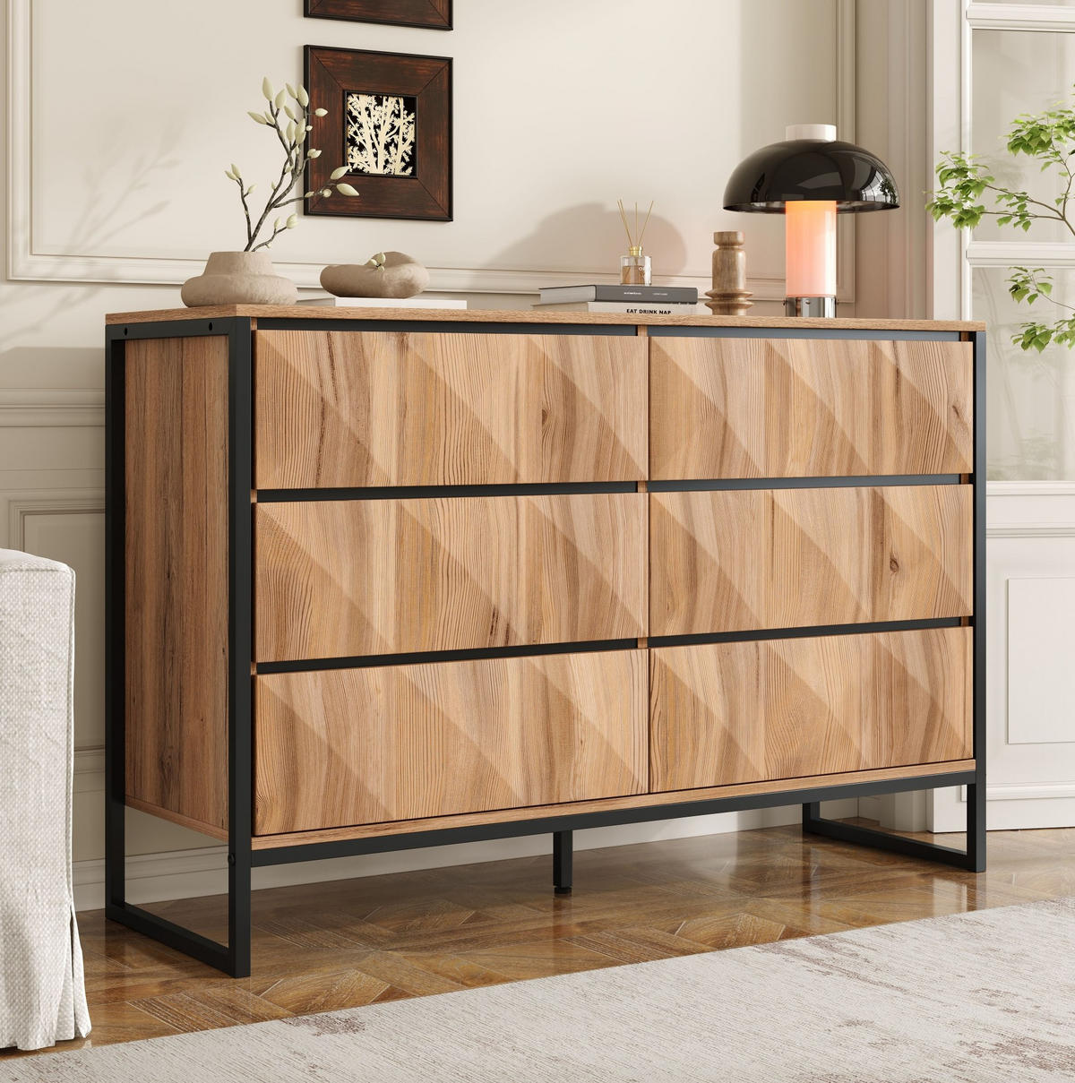 SIDEBOARD mit 6 Schubladen, Schwarz und Holz mit Metallgestell und verdeckten Griffleisten, 120/40/80 cm,Naturfarben - Naturfarben, Holzwerkstoff (120/80/40cm) - Redom