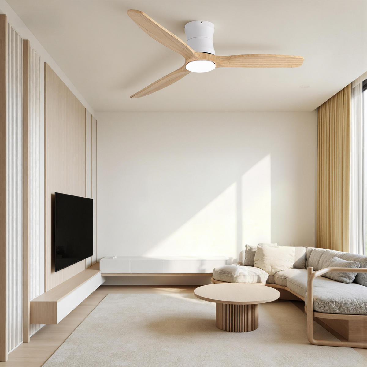 DECKENVENTILATOR 132cm Flachbau LED Licht Holzflügel DC Motor - Weiß, Kunststoff (132/132/24cm) - CASIVA