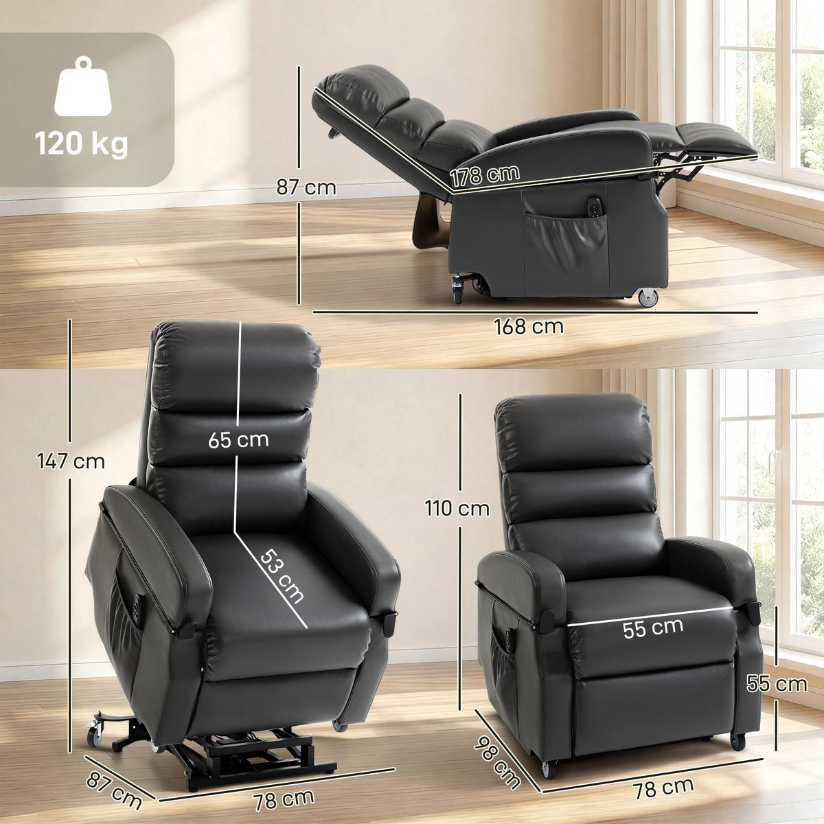 FERNSEHSESSEL mit Aufstehfunktion Dunkelgrau - Dunkelgrau, Kunststoff/Metall (78/110/98cm) - HOMCOM