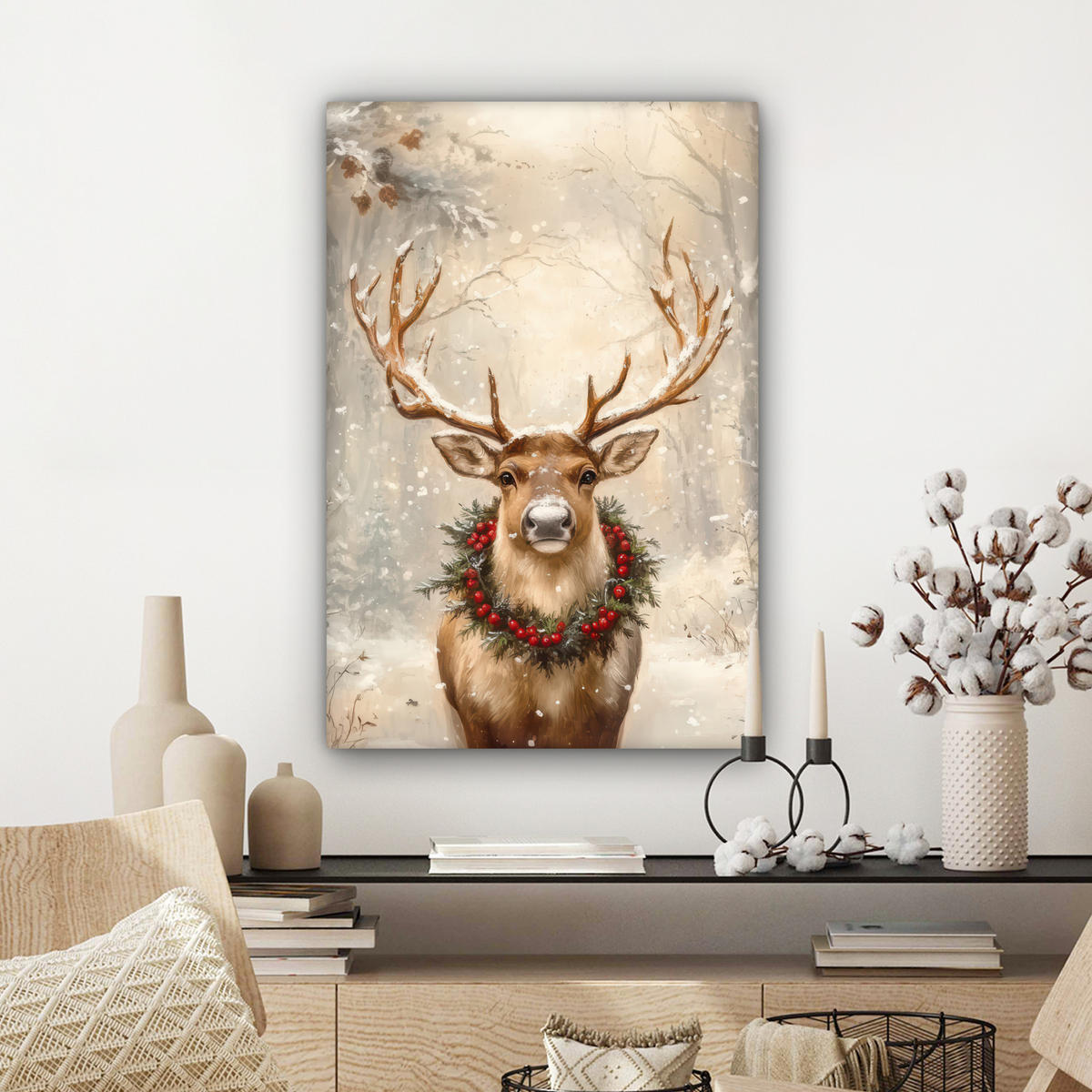 LEINWANDBILD Weihnachten - Rentier - Winter - Kranz Wanddeko Schlafzimmer 60x90 cm - Braun, Textil (60/90cm) - MuchoWow