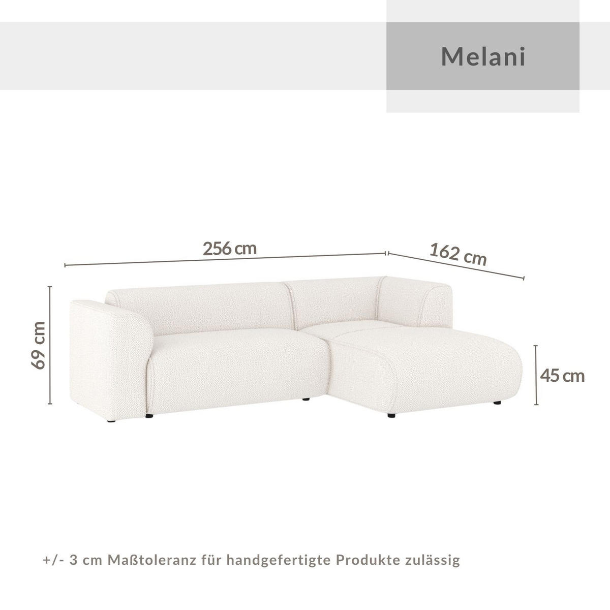 ECKSOFA Melani Creme Chenille-Stoff - Rechts Seite - Creme/Schwarz, Holz/Holzwerkstoff (162/256cm) - Maison de Reve