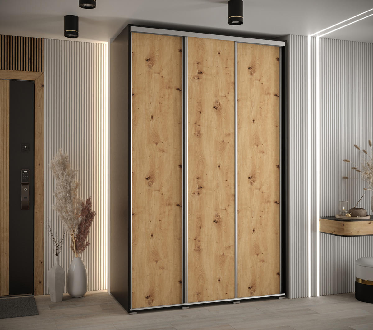 SCHWEBETÜRENSCHRANK 235,2/160/45 3-türig - Silberfarben/Schwarz, Holz/Metall (160/235/45cm) - Abiks Möbel