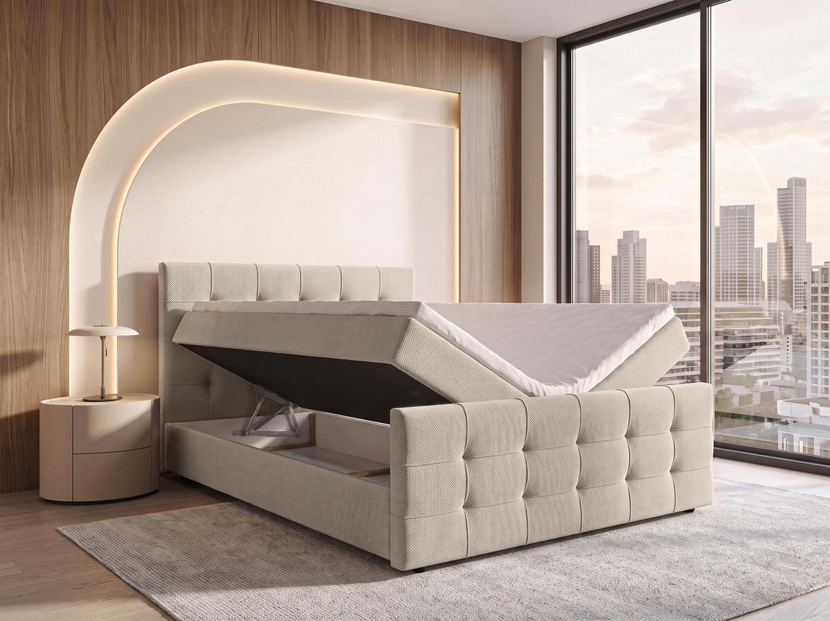 BOXBETT DEFNE 140x200 cm mit Fußteil und Matratze - Beige + TOPPER - Beige/Schwarz, Holz/Holzwerkstoff (140/200cm) - AX Living