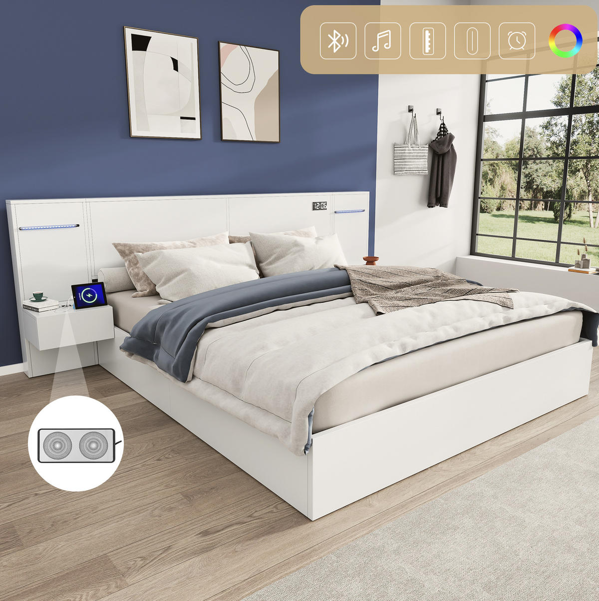 DOPPELBETT 160/200 cm aus MDF mit USB-A/USB-C, Bluetooth-Lautsprechern, Uhr, LED-Lichtleiste und 2 Nachttischen, Weiß - Weiß, Holzwerkstoff (160/200cm) - Redom