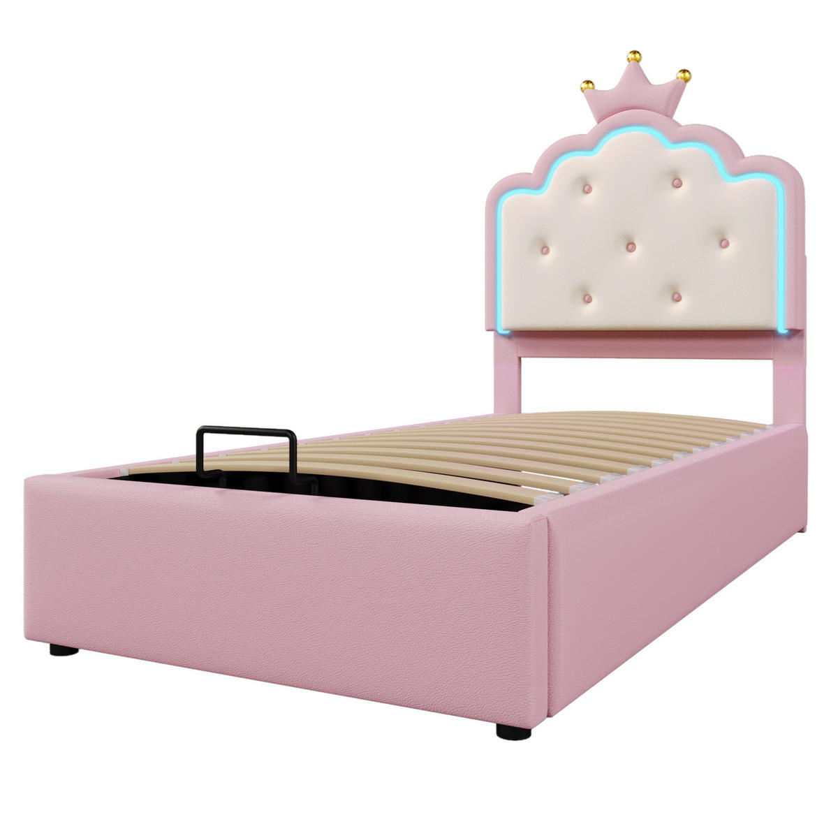 POLSTERBETT 90/200 cm mit Lattenrost, LED-Ambientelicht und hydraulischem Stauraum aus PU, Pink - Rosa, Kunststoff (90/200cm) - Redom