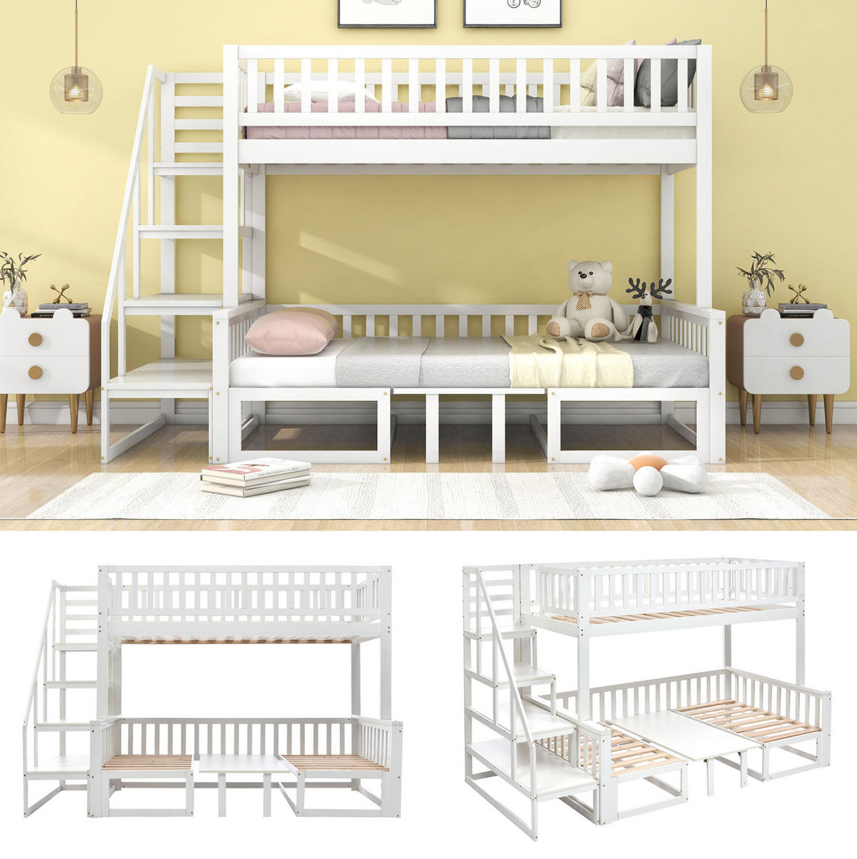 ETAGENBETT 90/200 cm Weiß mit Treppe und verstellbarem Tisch aus Kiefernholz - Weiß, Holzwerkstoff (90/200cm) - OKWISH