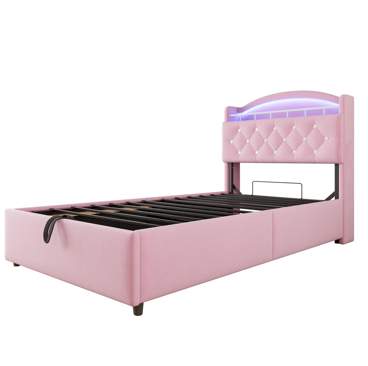 KINDERBETT mit Stauraum 90x200 cm Samt Rosa mit LED und USB - Pink, Metall (90/200cm) - Meubliv