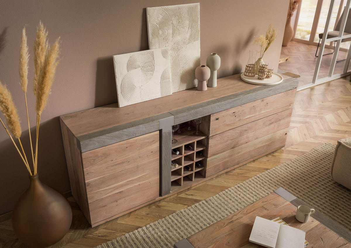 SIDEBOARD Akazie 215x45x75 beige lackiert Amsterdam #129 - Beige, Holz (215/75/45cm) - Massivmoebel24