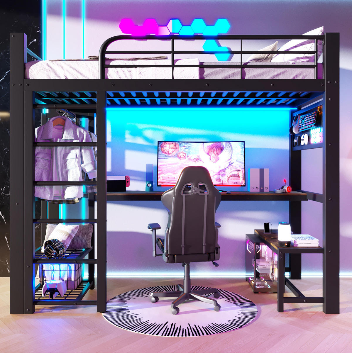 HOCHBETT 90/200 cm aus Metall mit LED und Stauraum, Schwarz - Schwarz, Metall (90/200cm) - OKMYHOME