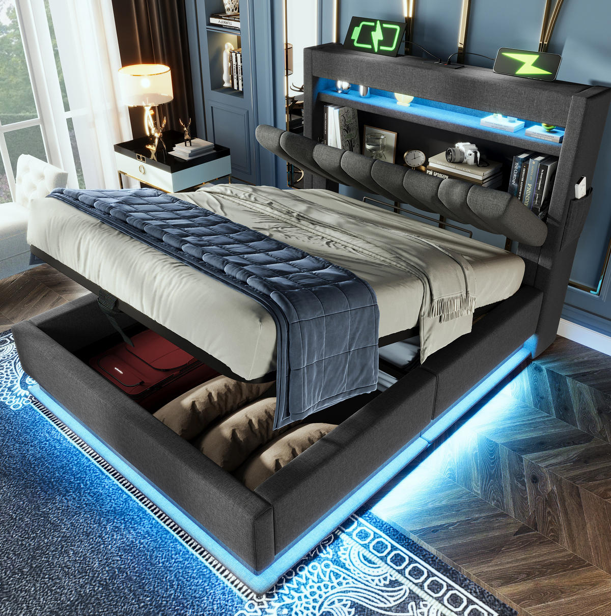 POLSTERBETT mit Stauraum und LED 90x200 cm Leinen Grau - Grau, Metall (90/200cm) - Meubliv