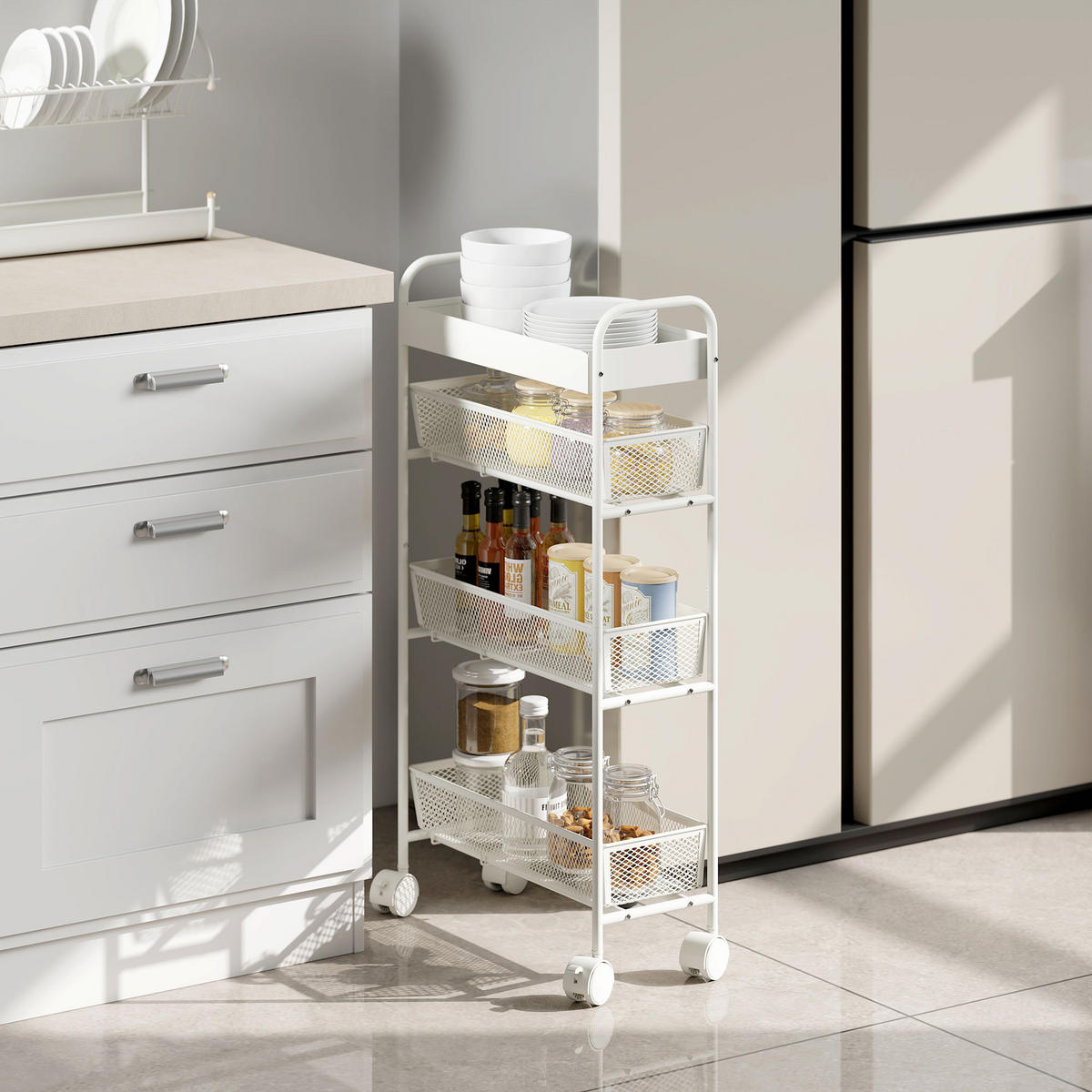ROLLWAGEN Küchenwagen mit 4 Ebenen Servierwagen mit Rollen 3 Ausziehkörben Weiß - Weiß, Metall (19/80/43.2cm) - HOMCOM