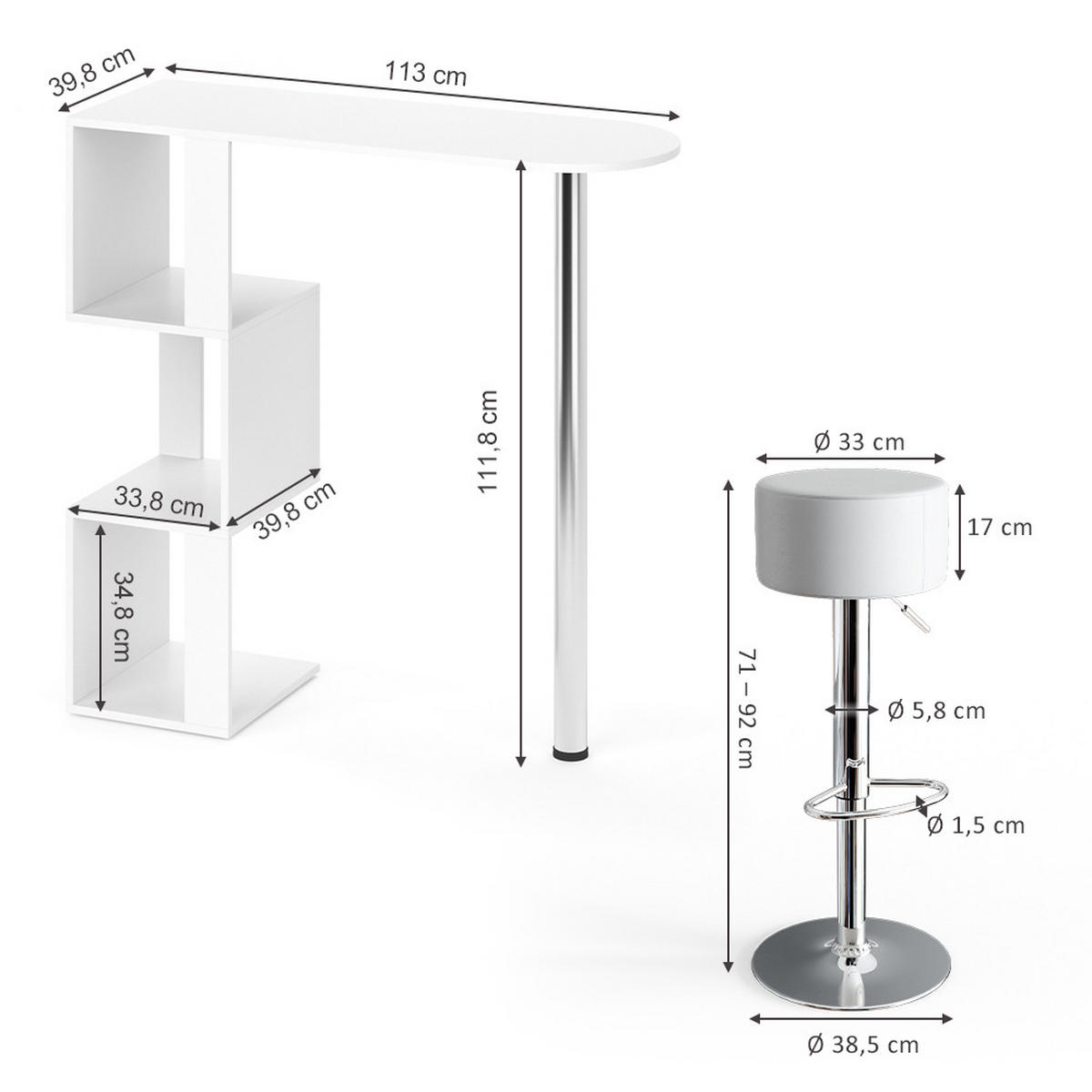 BARTISCH-SET Vincent Weiß 113 x 39.8 cm mit 2 Barhockern - Weiß, Holzwerkstoff (113/111.8/39.8cm) - Vicco