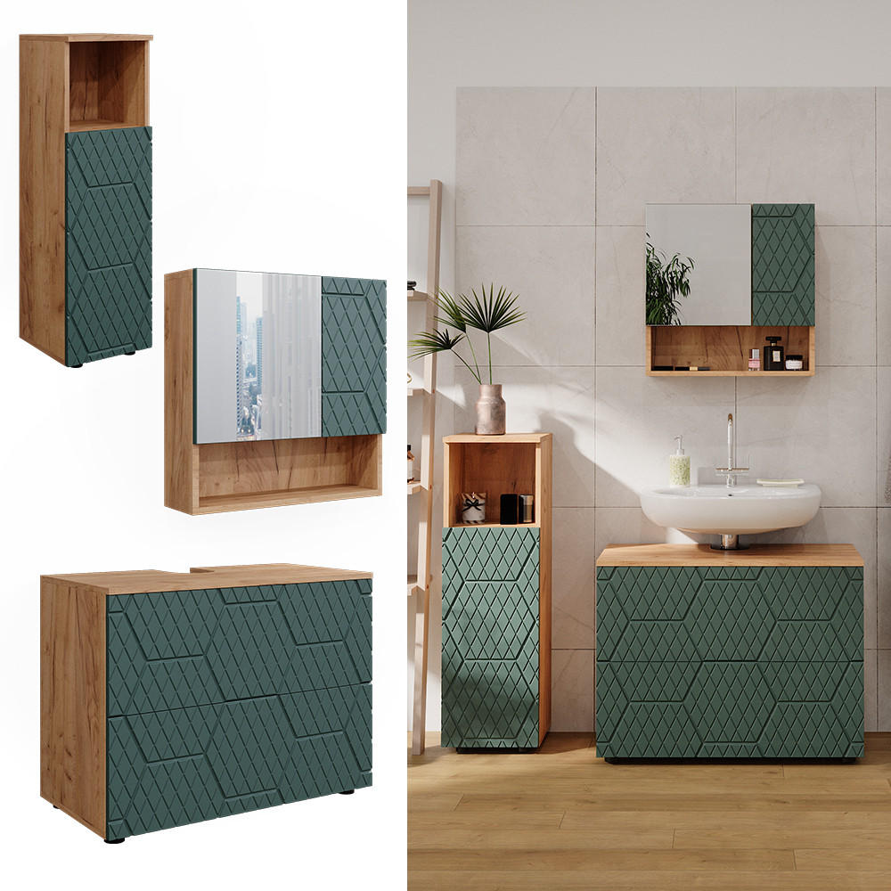 BADMÖBEL-SET Irma Grün 3 Teile, mit Midischrank - Eiche Wotan/Grün, Holzwerkstoff (80/58.6/41cm) - Vicco