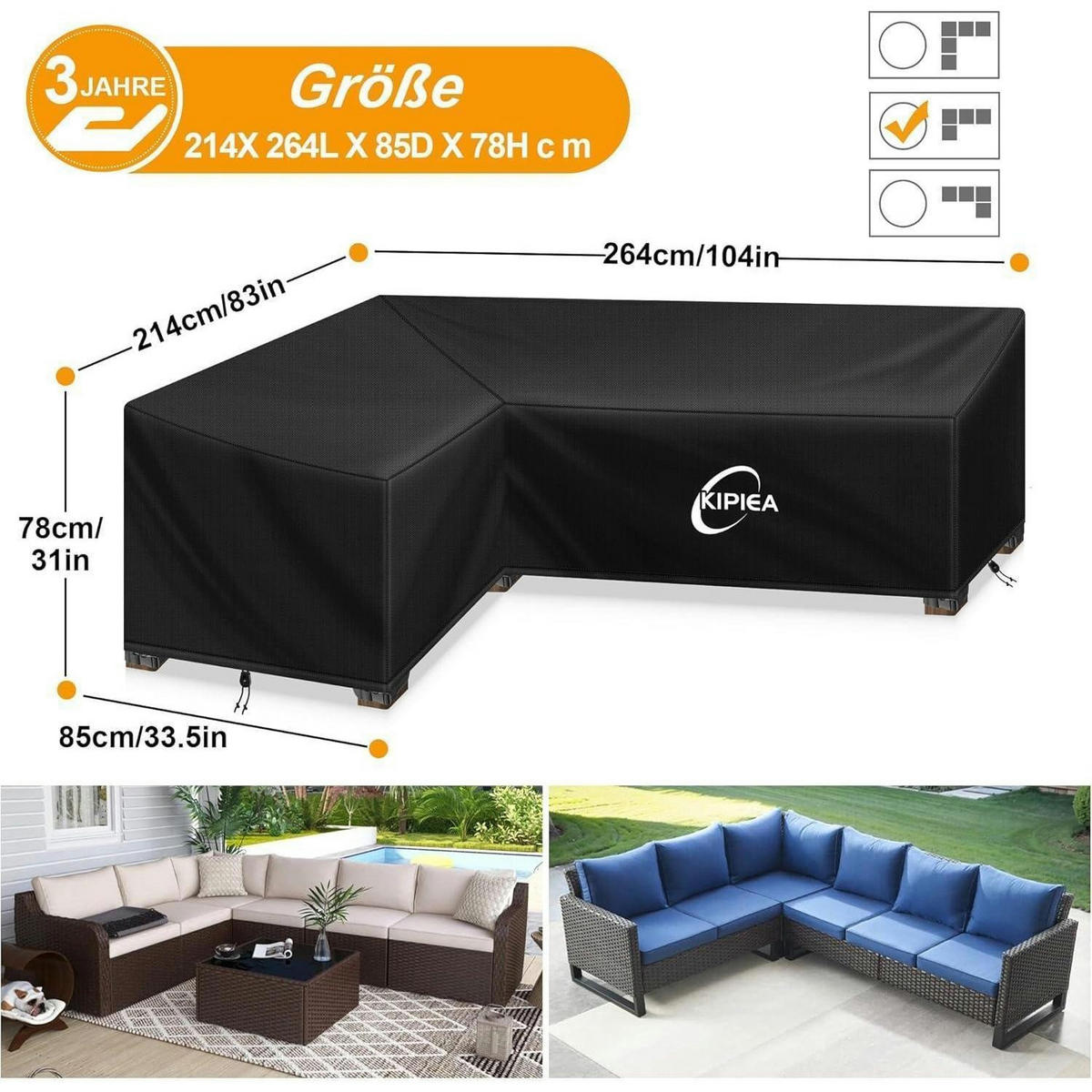 ABDECKUNG Loungemöbel L-Form Wasserdicht 214 x 264 x 85 cm - Schwarz, Kunststoff (264/85/214cm)