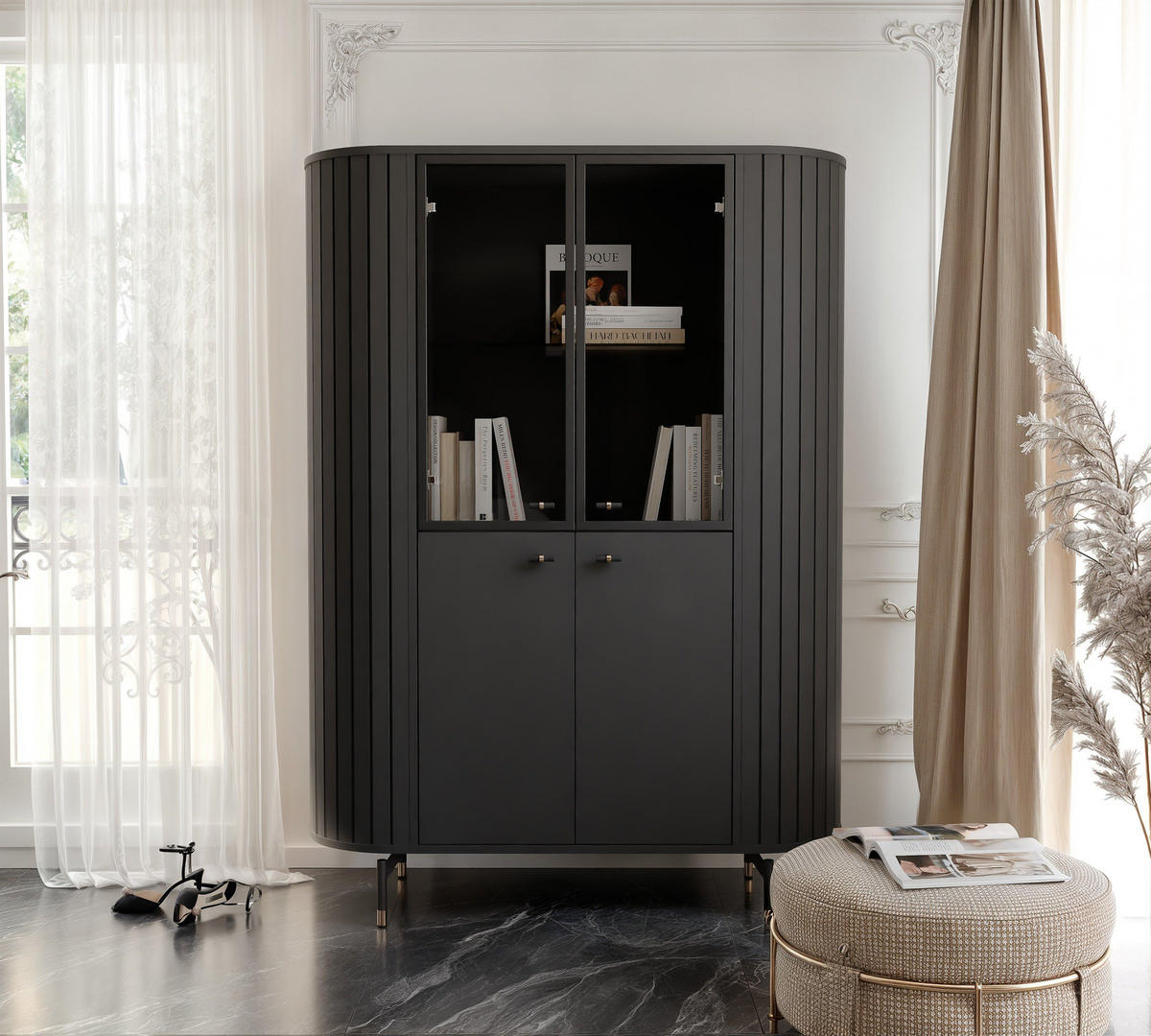 GLASVITRINE geriffelt aus MDF, Schwarz, mit LED-Beleuchtung - Schwarz, Holzwerkstoff (112/155/40cm) - Idohome