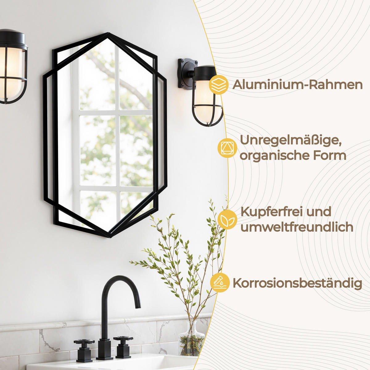 HEXAGON Wandspiegel Schwarz 71x50cm - Schwarz, Glas (3/71/48.5cm) - Hometopia