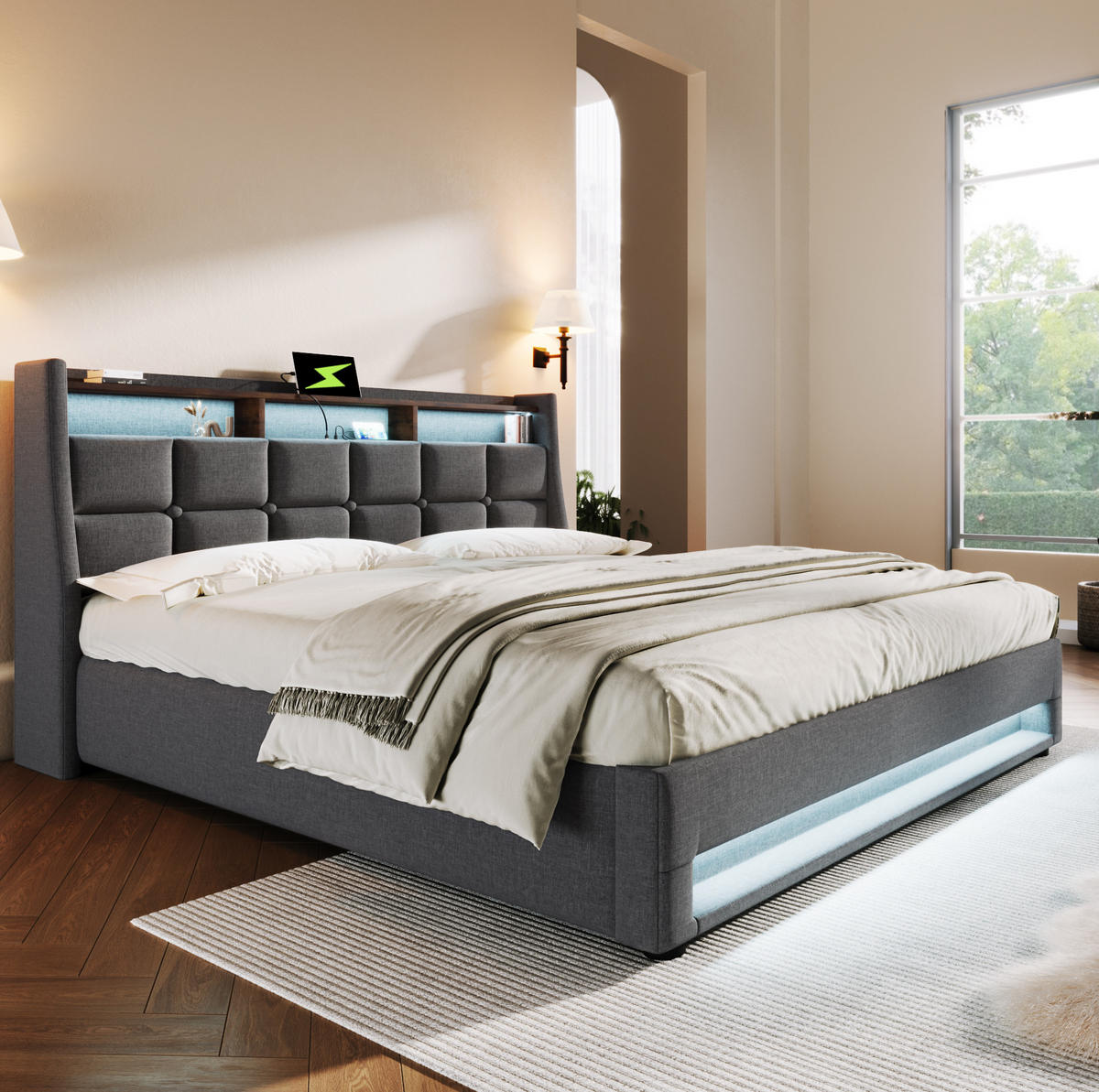 ČALOUNĚNÁ postel 140/200 cm, šedá, látková s LED osvětlením a USB - šedá, textil (140/200cm) - BEAOK