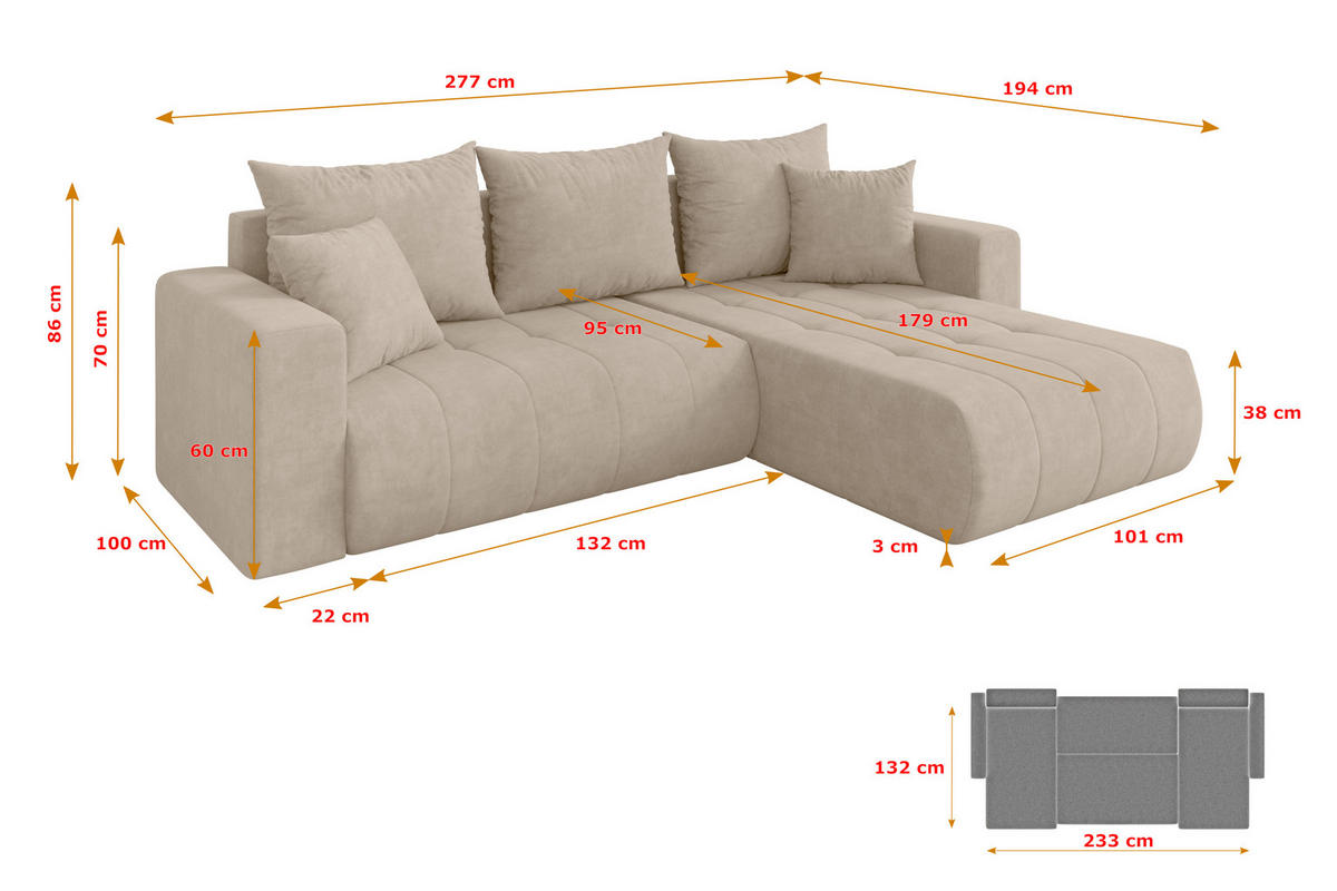 ROHOVÁ SEDAČKA s funkcí spaní, otoman vpravo MILA-L 277x194x86 béžová velur - černá/Sahara, kompozitní dřevo/textil (277/194cm) - ALTDECOR