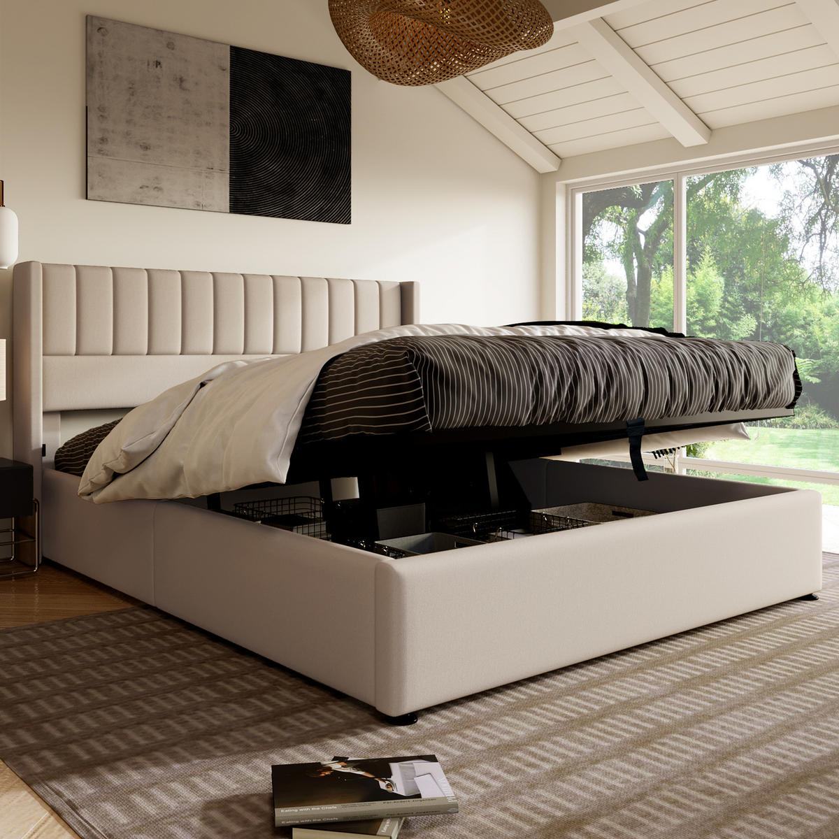 POLSTERBETT 140/200 cm Beige mit Stauraum und Matratze - Beige, Textil (140/200cm) - Flora Grace