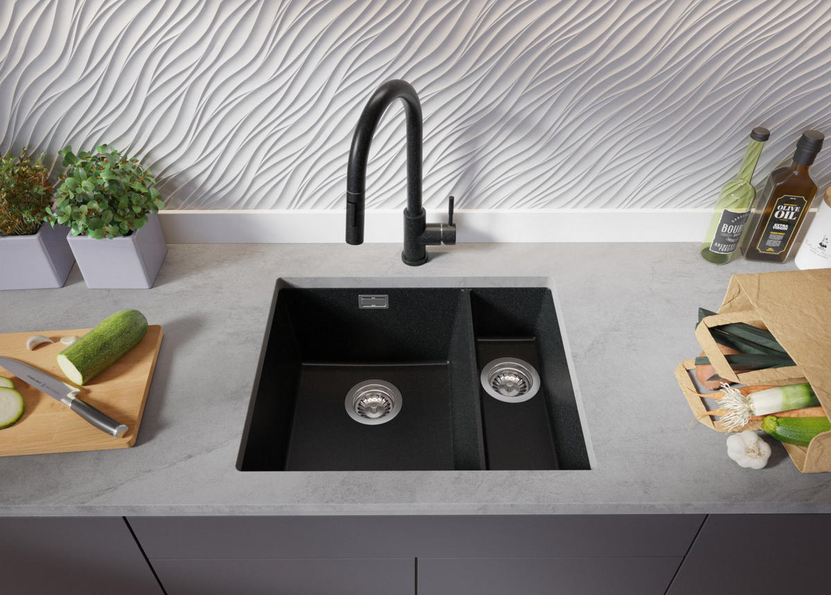 UNTERBAUSPÜLE GRANIT London Duo, 2-er set Anthrazit 56/47 cm 1,5 Becken + Ablauf-Set ab 60er Unterschrank - Chromfarben/Anthrazit, Kunststoff (56/20/47cm) - Primagran