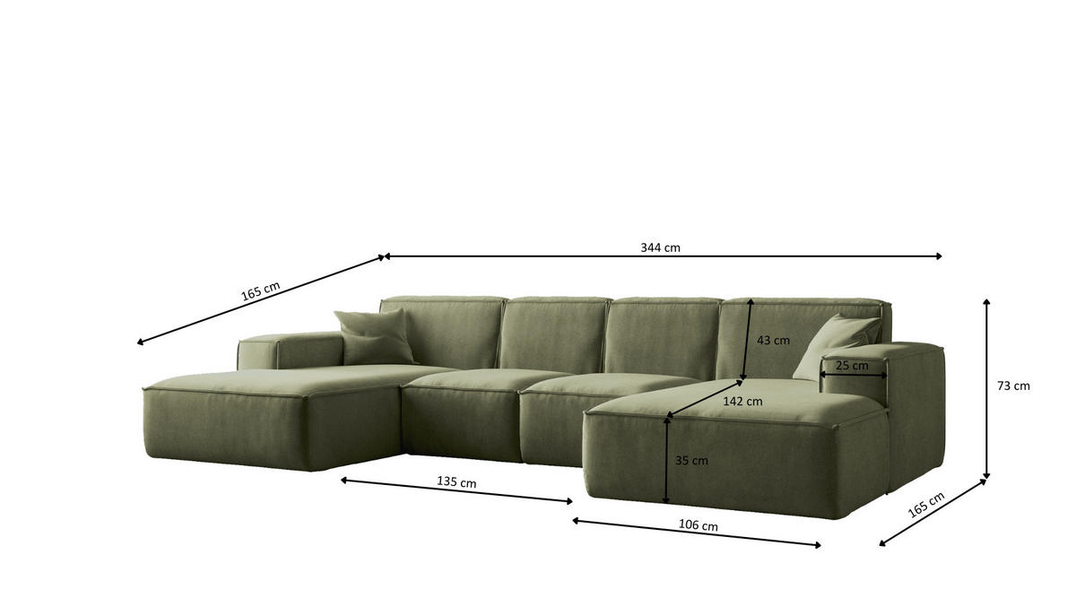 ECKSOFA U-Form Siena, U-förmiges Ecksofa, Stoff Salvador Olive - Olivgrün, Holz/Textil (344/165cm) - Kaiser Möbel