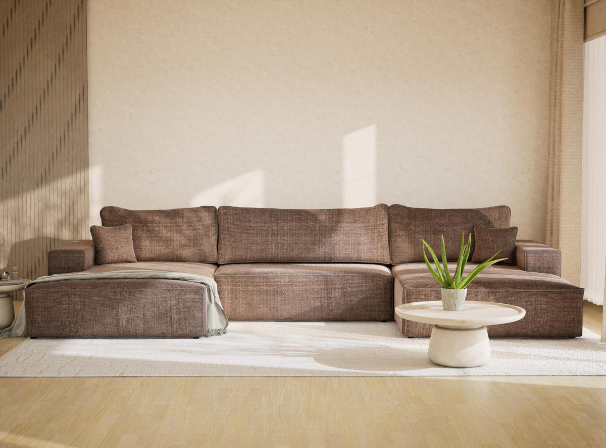 WOHNLANDSCHAFT Deseo Braun Chenille-Stoff - Schwarz/Braun, Holz/Holzwerkstoff (398/70/148cm) - Maison de Reve