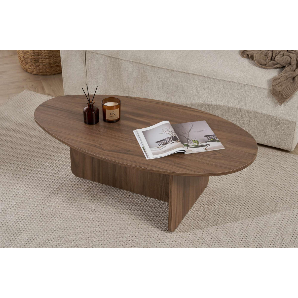 COUCHTISCH mit ovaler Platte L125 cm 65/120/40 cm - Naturfarben, Holzwerkstoff (70/65/40cm) - Calicosy