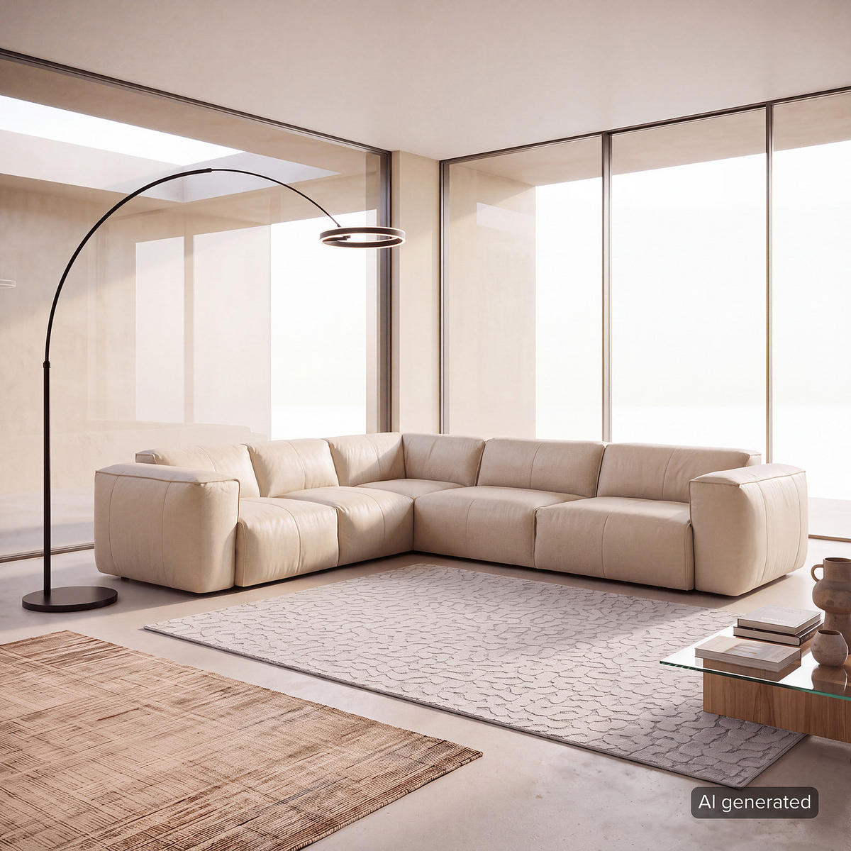 ECKSOFA mit Rundecke - Hellgrau/Schwarz, Leder/Kunststoff (325/260cm) - home24