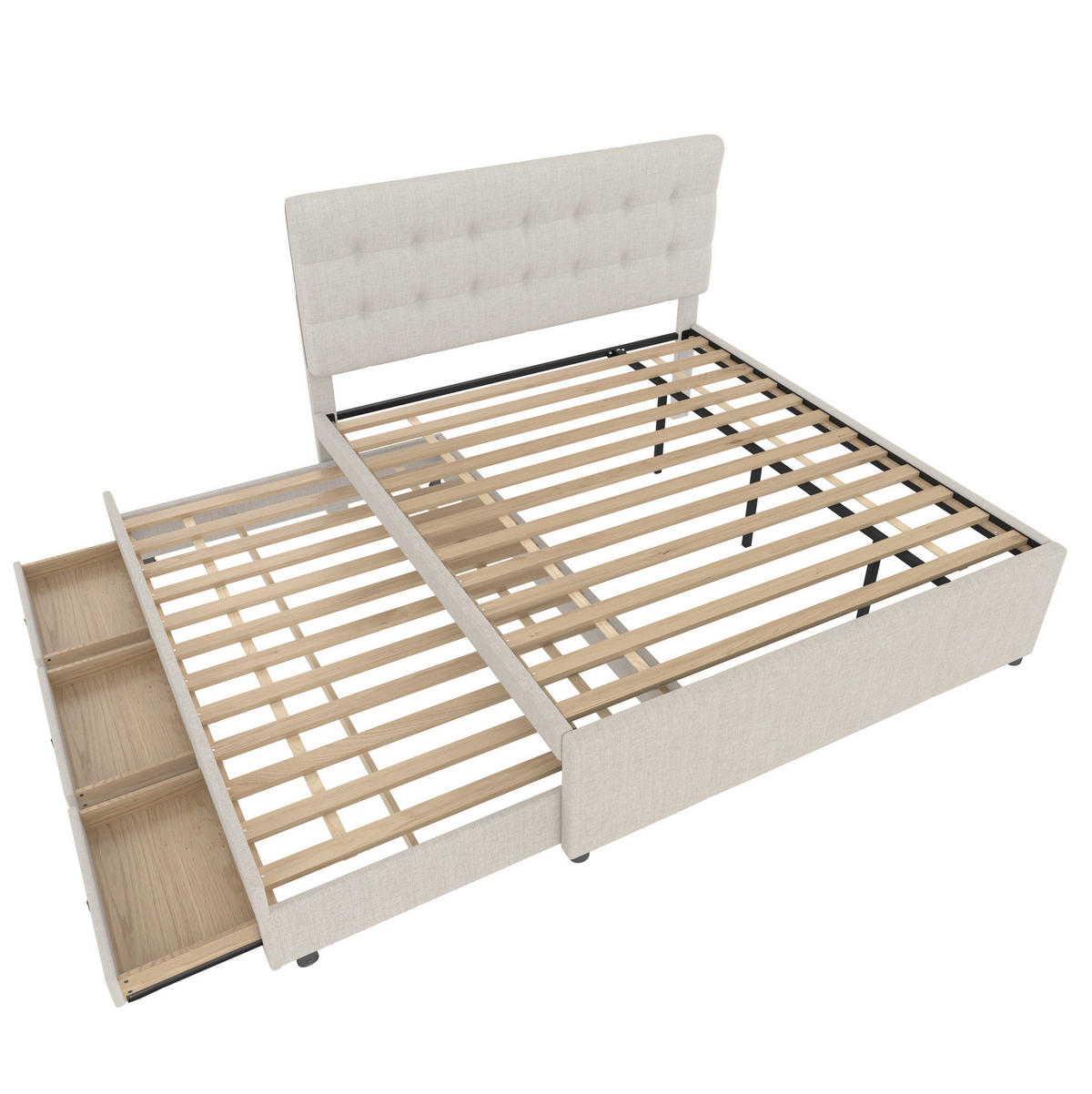BETT mit Ausziehbett und 3 Schubladen 140x200 cm Leinen Beige - Beige, Holz (140/200cm) - Meubliv