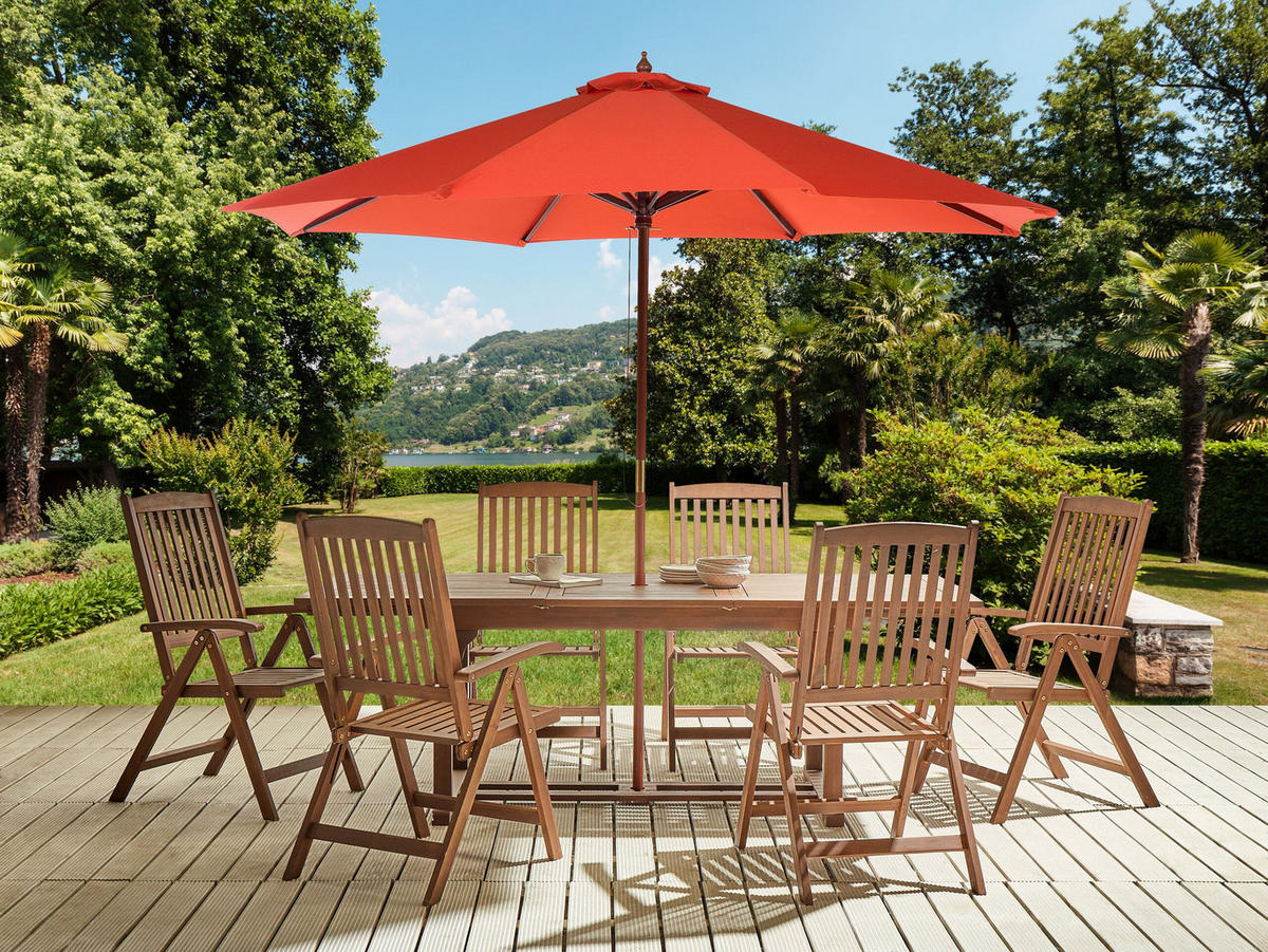 GARTENMÖBEL SET 6-Sitzer mit Sonnenschirm rot Akazienholz dunkelbraun Amantea - Dunkelbraun/Rot, Holz - Beliani
