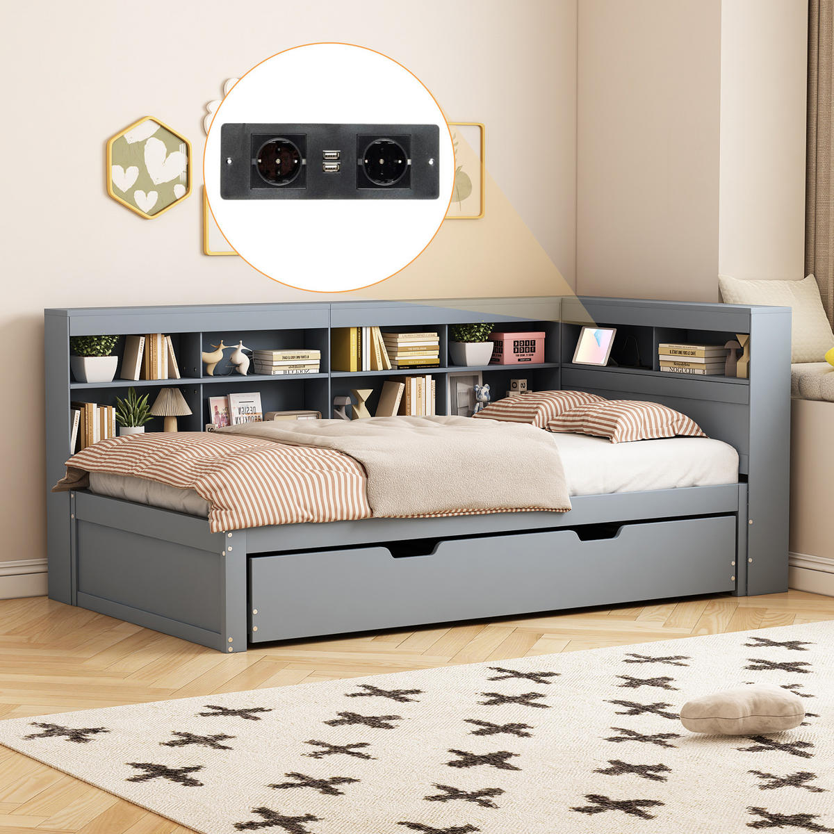 MULTIFUNKTIONSBETT 90/200 cm Grau mit USB-Buchse und Stauraum aus Massivholz - Grau, Holz (90/200cm) - OKWISH
