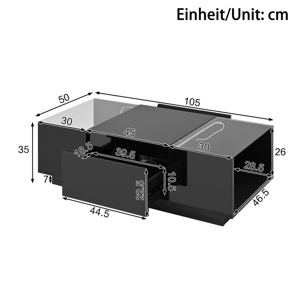 COUCHTISCH 105/50/35 cm mit LED-Beleuchtung, Glasplatten und 2 Schubladen, Schwarz - Schwarz, Holzwerkstoff (105/50/35cm) - Redom