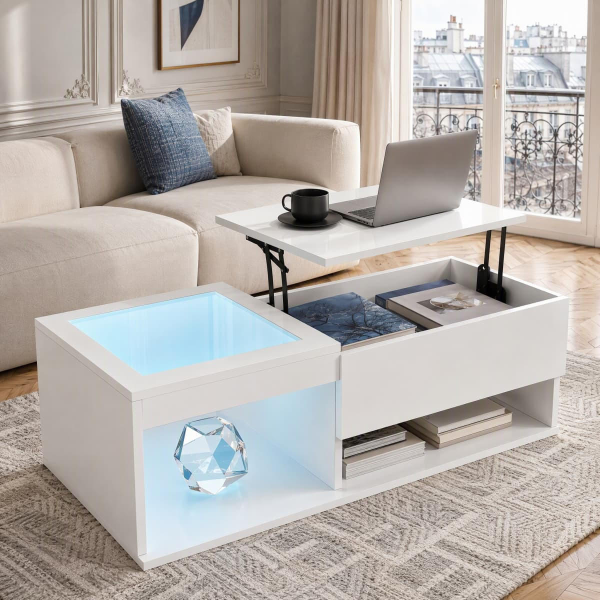 HÖHENVERSTELLBARER COUCHTISCH WEISS MIT LED Hochglanz & Glas, 100x55x35cm - Weiß, Holz (100/55/35cm) - CASIVA