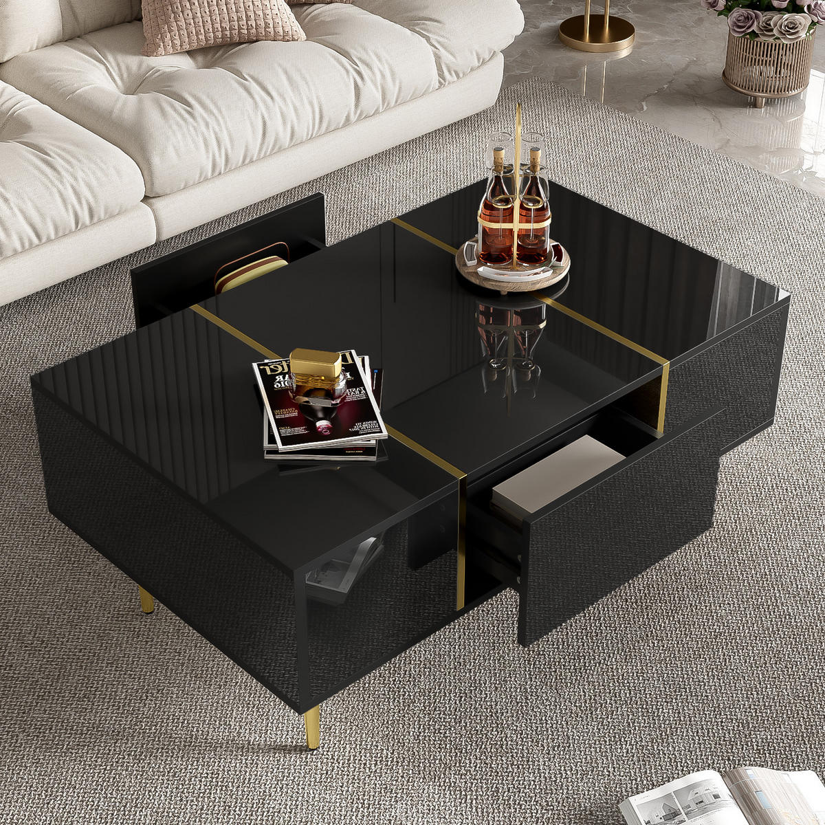 COUCHTISCH Schwarz 100/60/41,5 cm Hochglanz 2 Schubladen - Schwarz, Holzwerkstoff (60/100/41.5cm) - PANGIVO