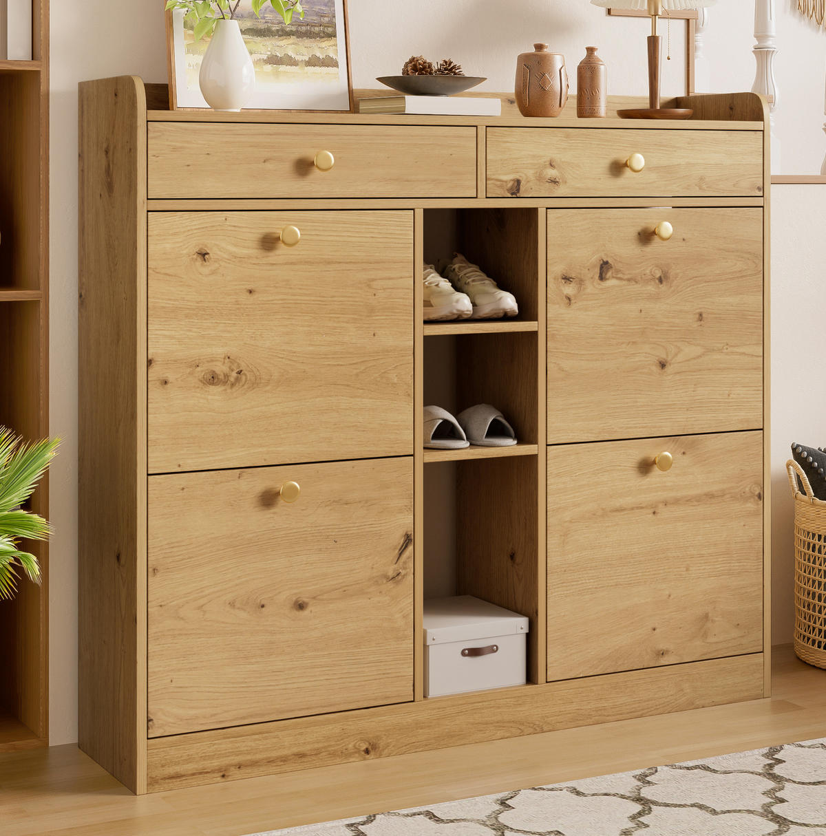 SCHUHSCHRANK aus Spanplatte 110x26x100cm in Natur mit 4 Klapptüren - Naturfarben, Holzwerkstoff (110/100/26cm) - Modfu