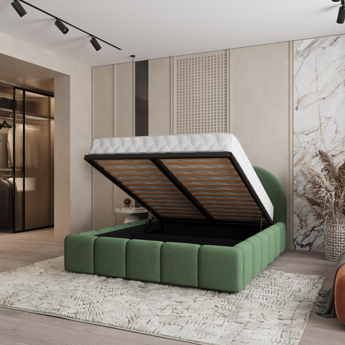 POLSTERBETT FLUSSO 160x200 cm mit Bettkästen - Grün - Grün, Holz (160/200cm) - MASSENO