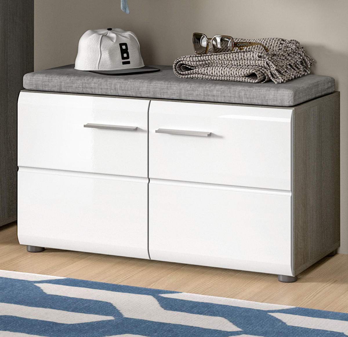 GARDEROBENBANK weiß Hochglanz, grau 80 cm, Schuhbank mit 4 Fächern - Weiß Hochglanz/Silberfarben, Holzwerkstoff/Kunststoff (80/44/37cm) - Inn.Furn