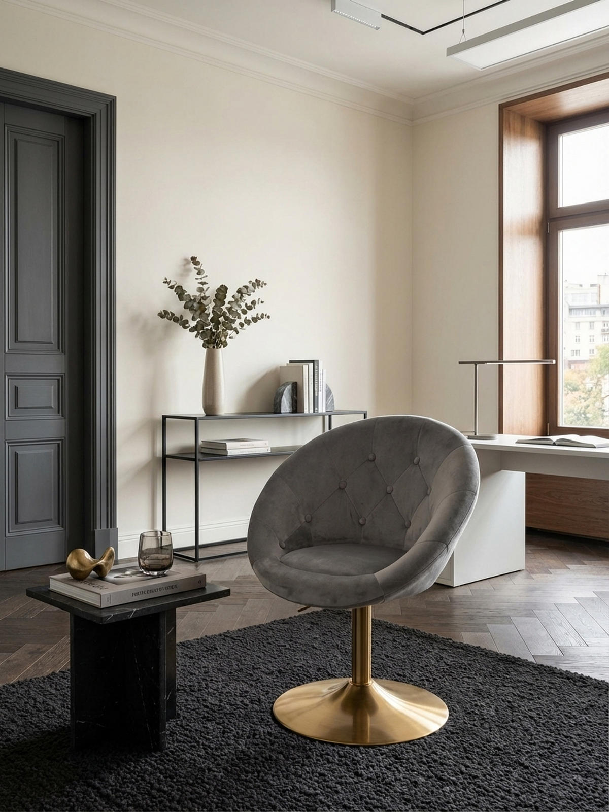 LOUNGESESSEL Chesterfield-Stil mit Samtbezug und 360° Drehfunktion, Grau 67x62x100 cm - Goldfarben/Grau, Textil/Metall (67/100/62cm) - KADIMA DESIGN